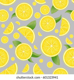 Vector sliced realistic lemon seamless pattern background. Whole and chopped slices with leaves