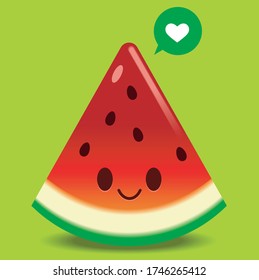 Vector sliced watermelon character smiling isolated on green color background