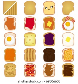 Vector of Sliced White and Brown bread toast with jam, egg, cheese, peanut butter, salami. A set of cute and colorful icon collection isolated on white background