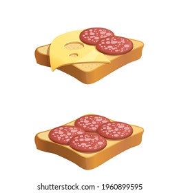 Vector slices of sausage and cheese on toasts. Illustration of toast with cheese and  slices of sausage isolated on white backround 