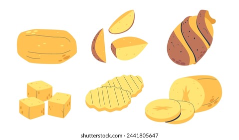 Vector Slicing, Cutting And Dicing Potatoes, Versatile Shapes Set. Thin, Elongated Slices For Gratins, Chunky Cubes