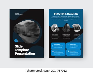 Vector slide template with product information presentation, business concept. Layout of a standard brochure with an abstract blue design on a black background, front, back view. Stylish booklet