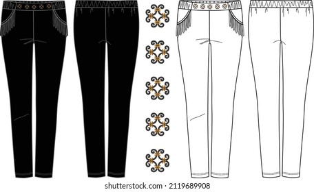 Vector slim fit pants fashion CAD, woman high waist leggings with fringe trim technical drawing, legging fashion flat with embellishment, sketch, template. Leggings with front, back view, white color