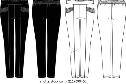 Pantalones de ajuste de deslizamiento de vectores moda CAD, piernas de cintura alta de mujer con dibujo técnico de guarnecido lateral, plancha de la moda de las piernas, esbozo, plantilla. Leggencias con vista frontal, trasera, color negro y blanco