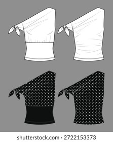 Vector slim fit top con moda de arco CAD, mujer blusa de un hombro dibujo técnico, Plantilla, boceto, plano, maqueta. Conjunto de camiseta sin mangas de Jersey o tela tejida con vista frontal, color blanco y patrón de puntos