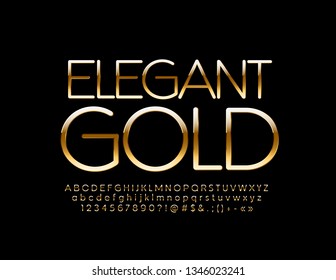 Vector Slim Golden Alphabet. Elegant glossy Font. Chic Letters, Numbers and Symbols.