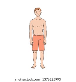 Vector slim handsome man standing with confidence topless with fit body. Athletic male character, sportsman and healthy lifestyle. Mascular fitness man, workouter sketch icon.