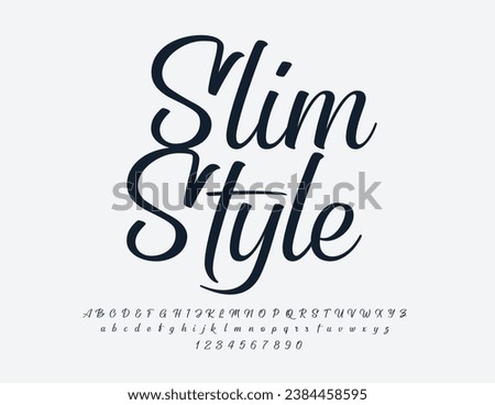 Vector Slim Style Alphabet set. Black elegant Font. Chic Cursive Letters and Numbers