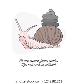 Vector slime mollusk with the stone pyramid. Keep calm quote. Snail nature wildlife cute text. Inspirational font tips.