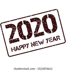 Vector slogan spelling 2020 happy new year stamp facsimile writing in flat style. Design template card, cover, paper, calendar, brochure, wrapping, poster logo, banner. Dark red text white background.