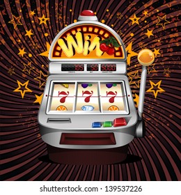 A vector slot fruit machine with cherry winning on sevens.