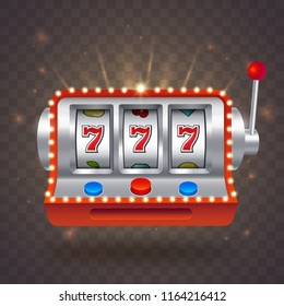 Vector slot machine with bright lights isolated on transparent background. Big win 777 lottery casino. One armed bandit illustration. lucky seven gambling.