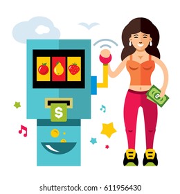 Vector Slot machine and Girl. Game of Chance. Flat style colorful Cartoon illustration.