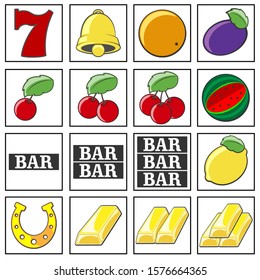 Vector slot machine symbols set. Lucky number seven, Golden bell, orange, plum, one two and three cherries. Watermelon. The inscription BAR. Lemon, horseshoe. One two and three bars of gold. Isolated