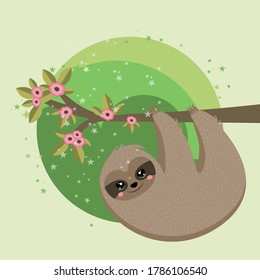 Vektor-Hangbär, der auf einem grünen Baum im Dschungel hängt. Er ist ein fröhliches und faules Säugetier, das sehr schön mit seinem Lächeln und seinen wunderschönen Augen aussieht. Cartoon kawaii Charakter für Babyartikel.