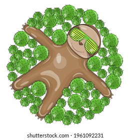 Vector sloth bear is made on a white background, well suited for png. A cute sloth with a beautiful smile and glasses lies on green cacti. The animal is made in a cartoon style.