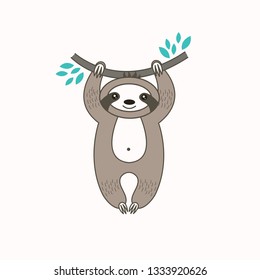 Vector sloth on branch. Cute cartoon funny kawaii character. Can be used for cards, flyers, poster, t-shirt.