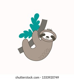 Vector sloth on branch. Cute cartoon funny kawaii character. Can be used for cards, flyers, poster, t-shirt.