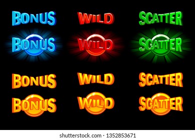 Vector slots icon templates. Gold and color icons wild, bonus and scatter. For game, slots, game development. Icons on a separate layer