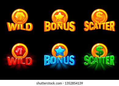 Vector slots icon templates. Gold and colour icons wild, bonus and scatter. For game, slots, game development. Icons on a separate layer