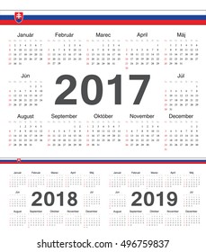 Vector Slovak circle calendars 2017, 2018, 2019. Week starts from Sunday.