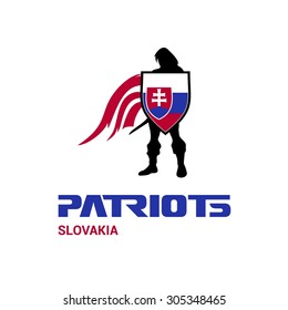 Vector Slovakia Flag Patriots Soldier Logo. Mascot Character Design. Memorial Day Army man with Shield. Vector Freedom Leader Logo illustration