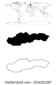 Vector Slovakia map, map of Slovakia showing country location on world with solid and outline maps for Slovakia on white background. File is suitable for digital editing and prints of all sizes.