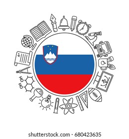 Vector Slovenia school background, with black linear icons on white. Education pattern with modern line style icons and Slovenia flag.