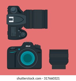 vector SLR camera and lens icon flat style
