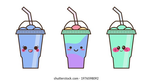 Vector slush drink isolated icon. Cartoon ice cup (Frozen Drink). Emoji clipart drawing of tropical smoothie shake.