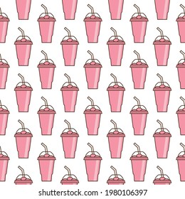 Vector slush drink seamless pattern. Cartoon ice cup (Frozen Drink). Emoji clipart drawing of tropical smoothie shake.