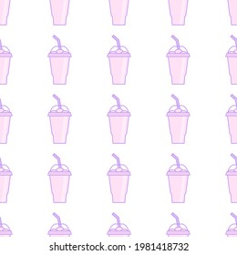 Vector slush drink seamless pattern. Cartoon ice cup (Frozen Drink). Emoji clipart drawing of tropical smoothie shake.