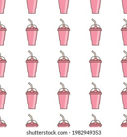 Vector slush drink seamless pattern. Cartoon ice cup (Frozen Drink). Emoji clipart drawing of tropical smoothie shake.