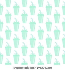 Vector slush drink seamless pattern. Cartoon ice cup (Frozen Drink). Emoji clipart drawing of tropical smoothie shake.