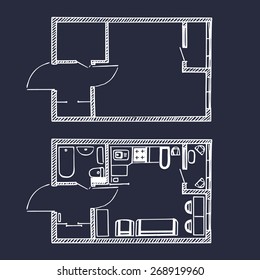 Vector small apartment's floor plan in sketch style. Rooms top view with and without furniture.