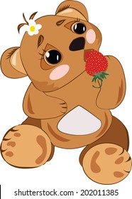 vector small bear cub eating red strawberry