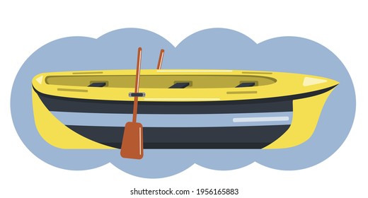 Vector small boat in yellow-blue colors. Illustrative wooden small boat for recreation and fishing isolated on a white background. Marine theme.