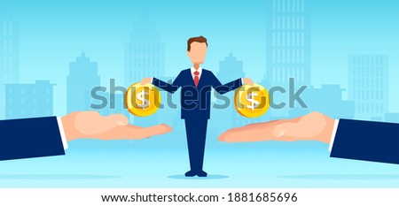 Vector of a small business man owner paying money to big creditors 