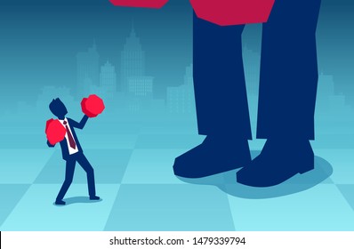 Vector of a small businessman in boxing gloves fighting a big boss