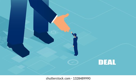 Vector of small businessman supported by unknown big investor giving him opportunity. 