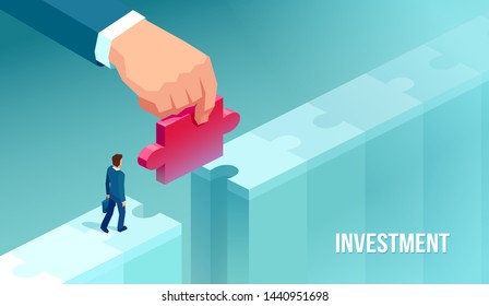 Vector of a small businessman supported by unknown investor giving him opportunity making bridge with jigsaw puzzle