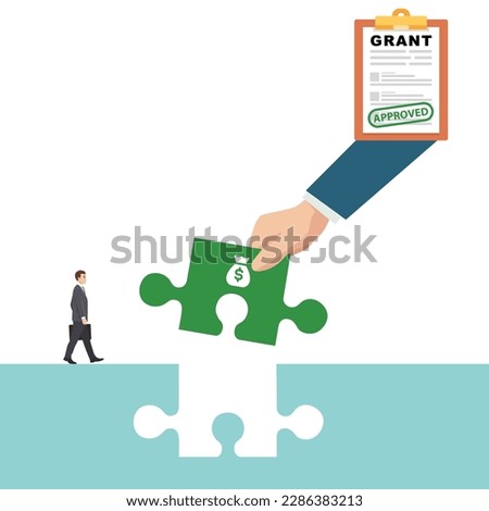 Vector of a small businessman supported by unknown investor giving him opportunity making bridge with jigsaw puzzle. Flat vector illustration isolated on white background