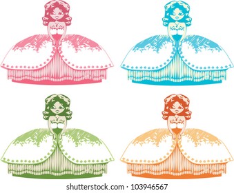 Vector small charming toy princess. 4 types of color
