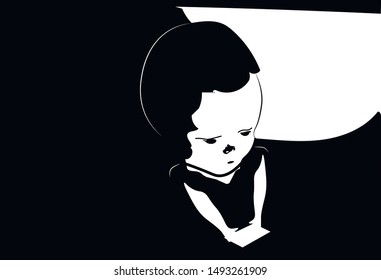 Vector, a small child looking into the phone. Black and white outline.