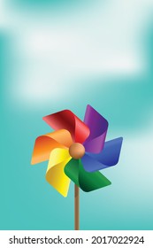 Vector small colorful windmill or toy rainbow windmill for kid on blue sky background Symbol color of LGBTQ group toy that is red orange yellow green blue and purple