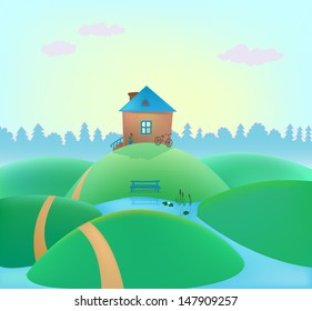 vector small cute house on the hills, summer landscape, nature background