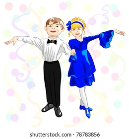 Vector Small elegant dancers, a boy and girl are holding hands in a dance pose