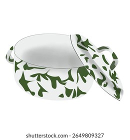 Vector of a small enamel pot with lid, decorated in green and white motif, great for retro cookware and traditional food themes.