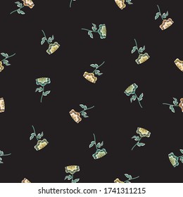 Vector Small Flowers in Green Orange Blue Yellow with Green Leaves on Black Background Seamless Repeat Pattern. Background for textiles, cards, manufacturing, wallpapers, print, gift wrap and
