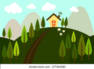 Vector of small house in the middle of a pine forest on the hills have a road and mountains behind. The environment are refreshing and clean.